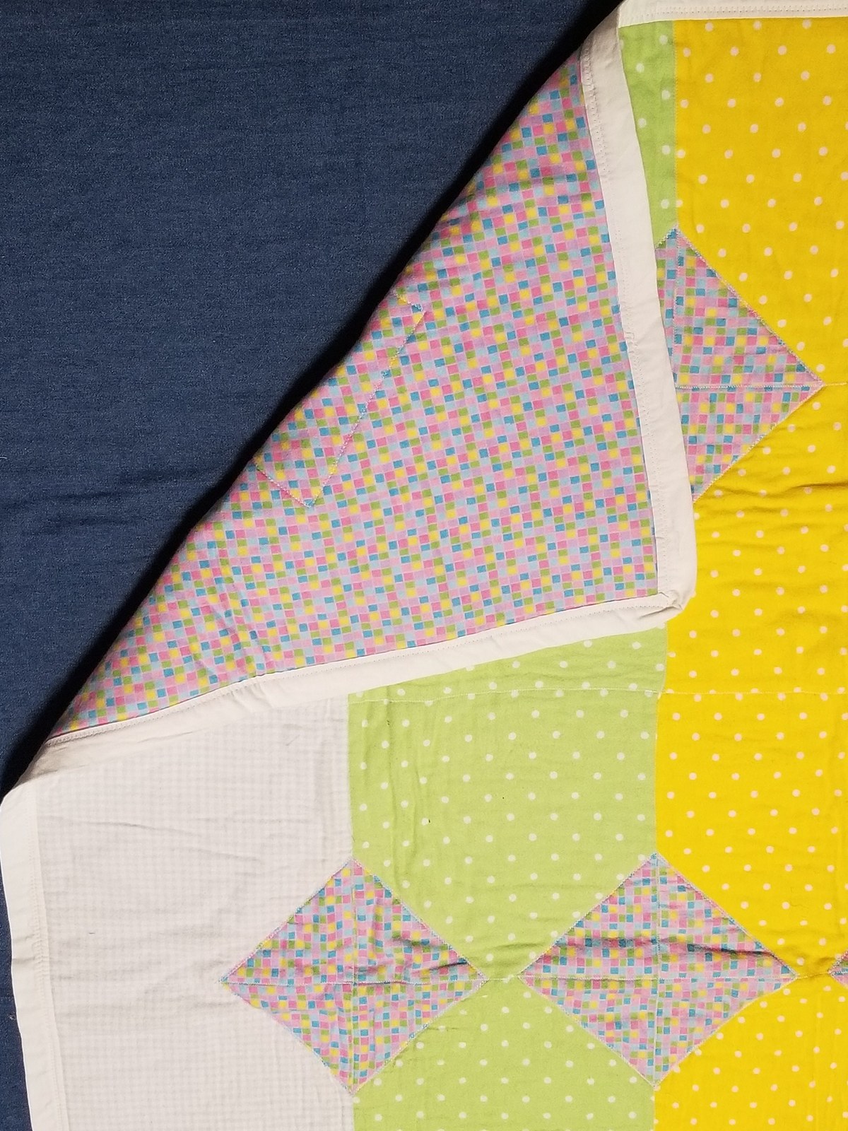 Pastel Patchwork Flannel Crib Quilt, Gingham Polka Dot Nursery Blanket (38"x56"), view 9