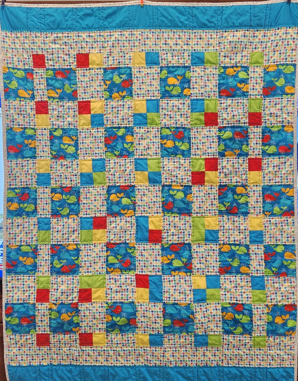 Handmade Whale Print Patchwork Quilt: Nautical Nursery Blanket (47"x61")