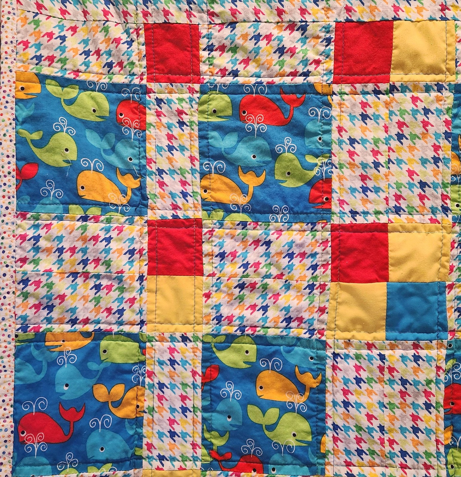 Handmade Whale Print Patchwork Quilt: Nautical Nursery Blanket (47"x61"), view 2