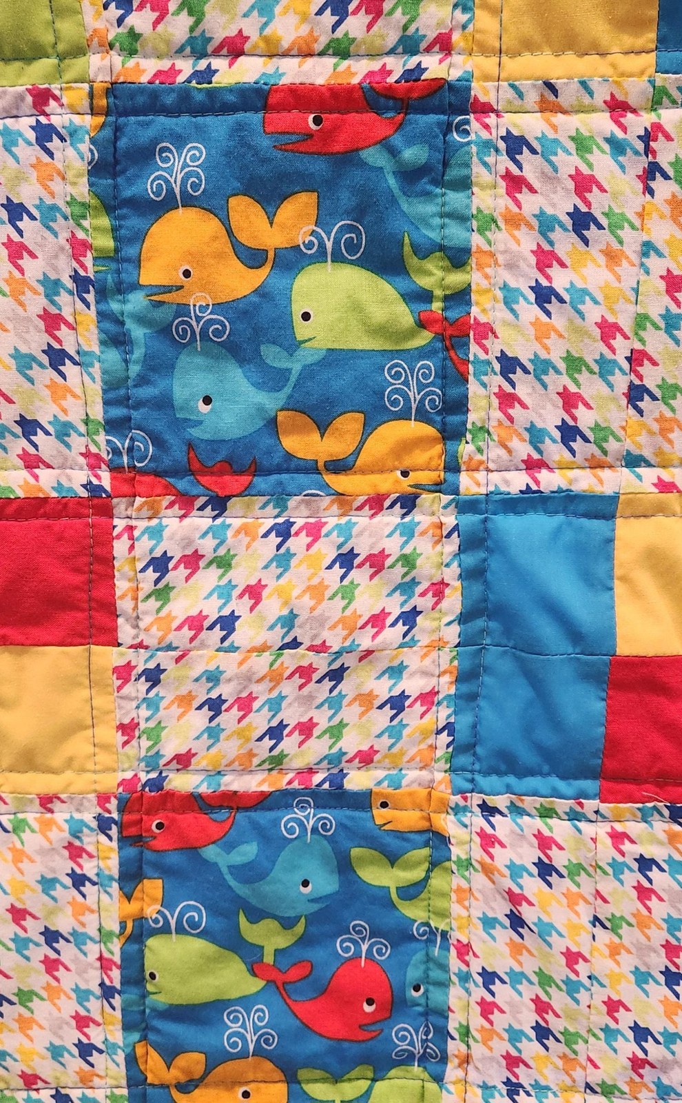 Handmade Whale Print Patchwork Quilt: Nautical Nursery Blanket (47"x61"), view 3