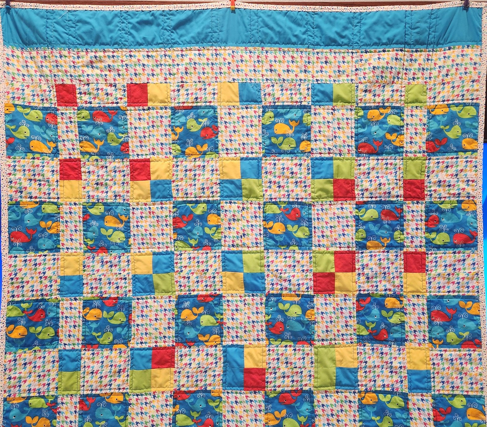Handmade Whale Print Patchwork Quilt: Nautical Nursery Blanket (47"x61"), view 4