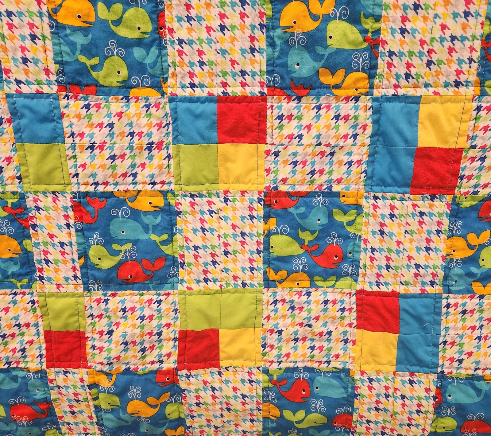 Handmade Whale Print Patchwork Quilt: Nautical Nursery Blanket (47"x61"), view 6