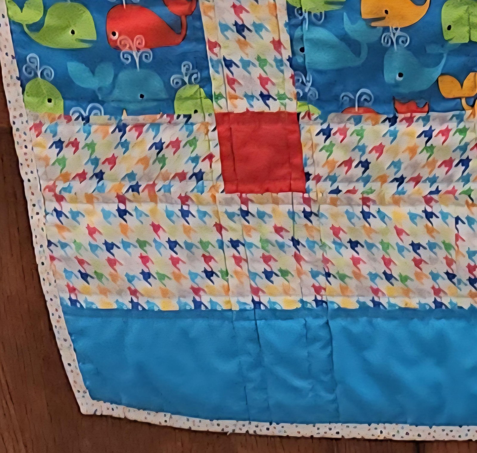 Handmade Whale Print Patchwork Quilt: Nautical Nursery Blanket (47"x61"), view 7