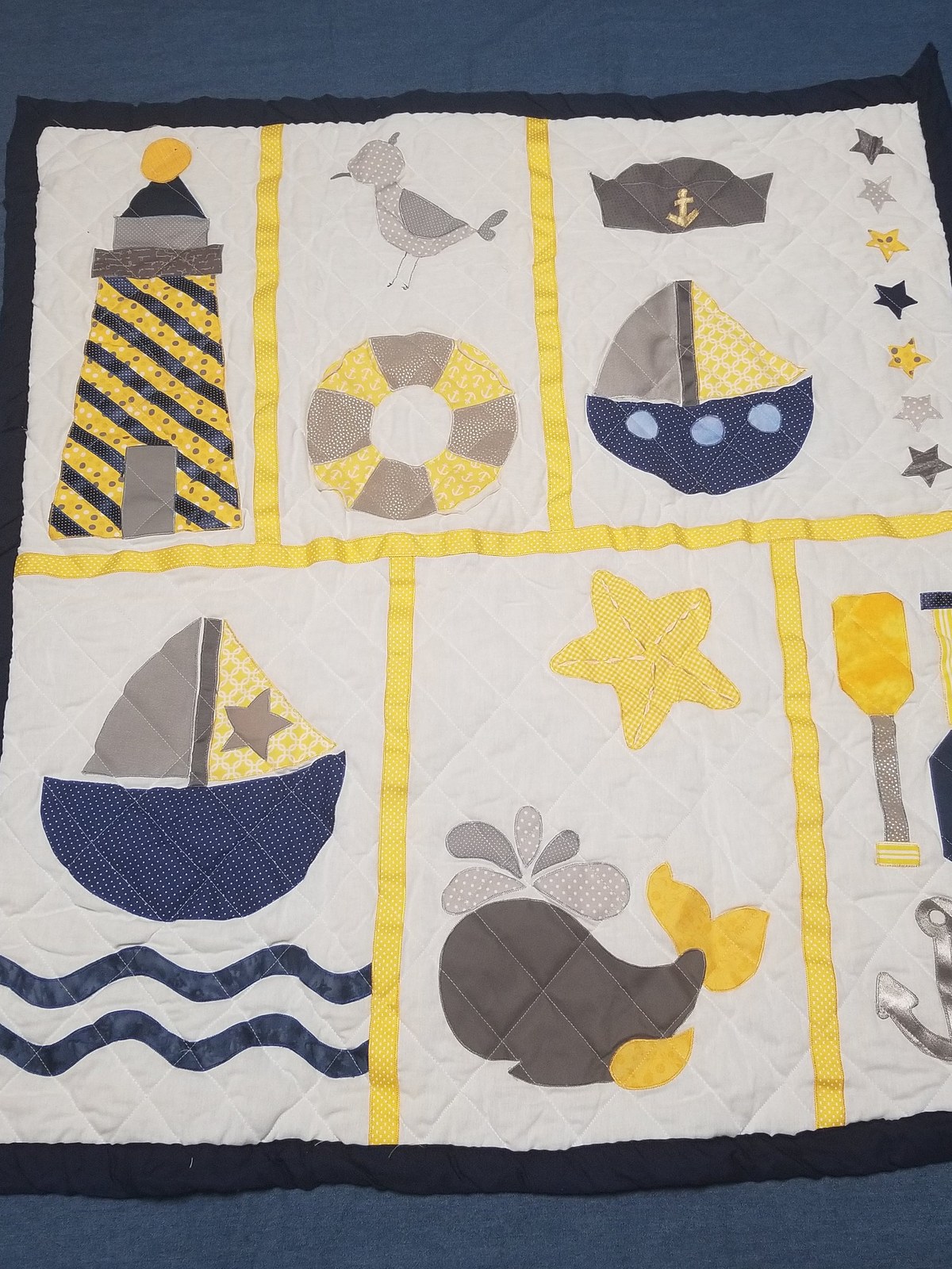 Handmade Nautical Baby Quilt with Sailboat and Whale Appliques for the Nursery