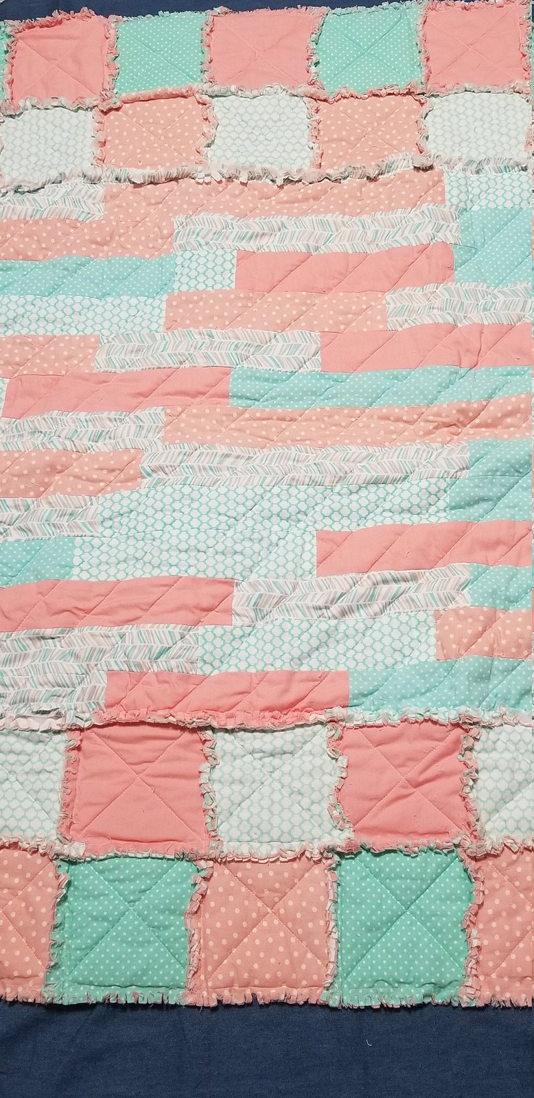 Peach Mint Green Rag Quilt, Handmade Cotton Baby Quilt (49"x50), Soft Ruffled Toddler Blanket, Baby Shower Gift