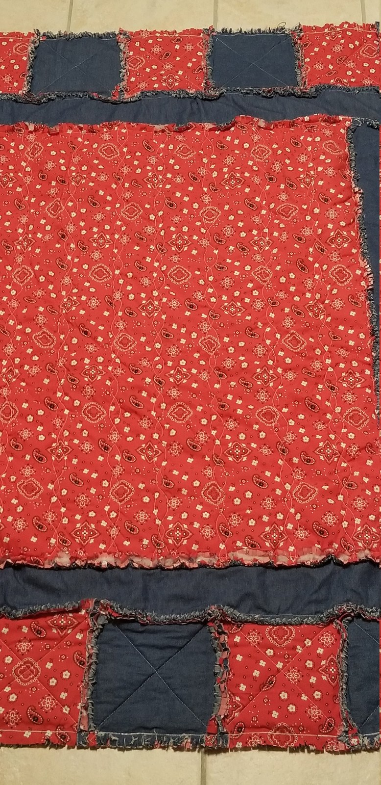 Handmade Red Paisley Bandanna Denim Rag Quilt, Cowboy Baby Blanket (50"x57")