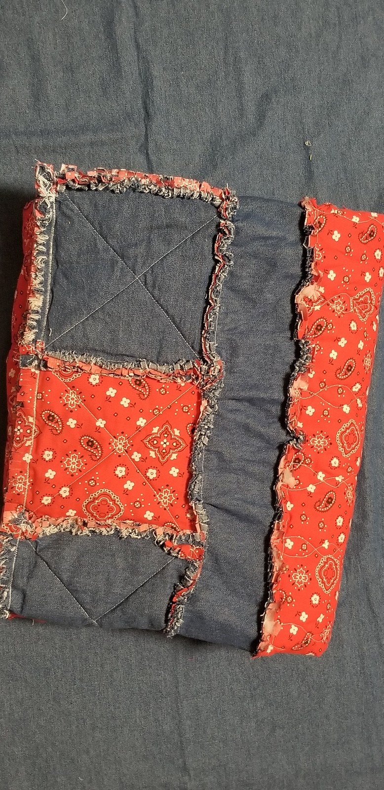 Handmade Red Paisley Bandanna Denim Rag Quilt, Cowboy Baby Blanket (50"x57"), view 10