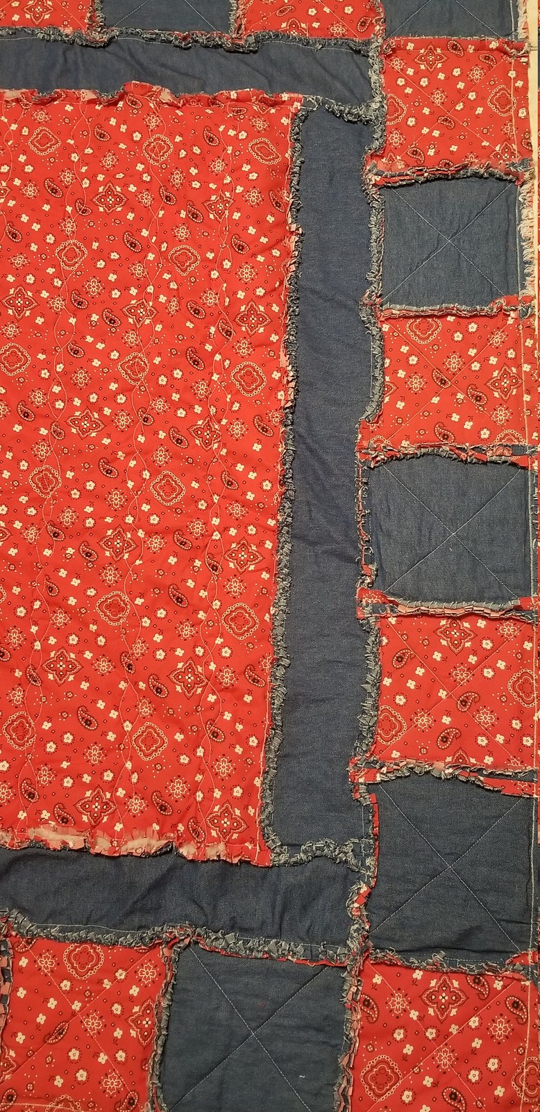 Handmade Red Paisley Bandanna Denim Rag Quilt, Cowboy Baby Blanket (50"x57"), view 5