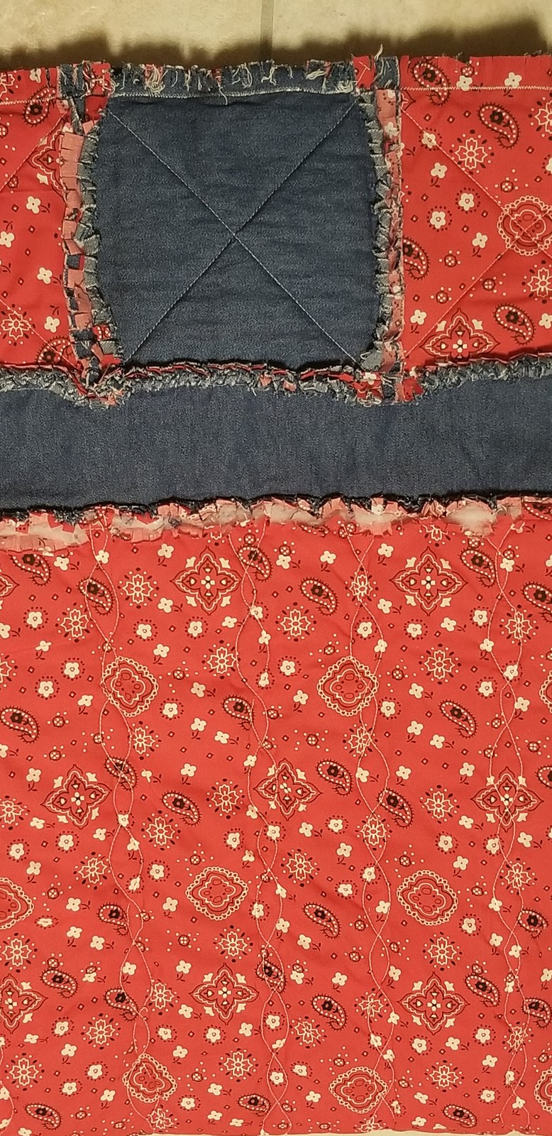 Handmade Red Paisley Bandanna Denim Rag Quilt, Cowboy Baby Blanket (50"x57"), view 9