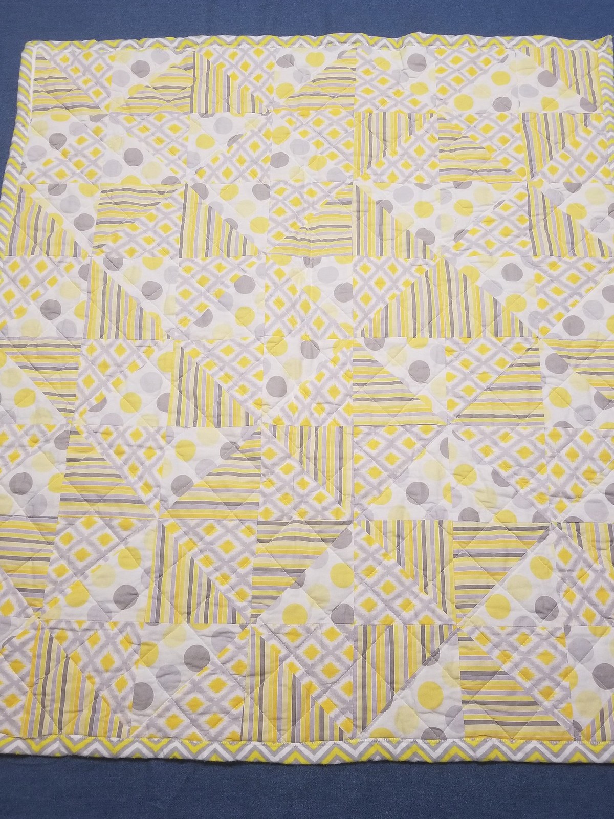 Handmade Yellow Gray White Patchwork Quilt with Chevron Flannel Back, Soft Cotton Nursery Bedding, Cozy Baby Blanket