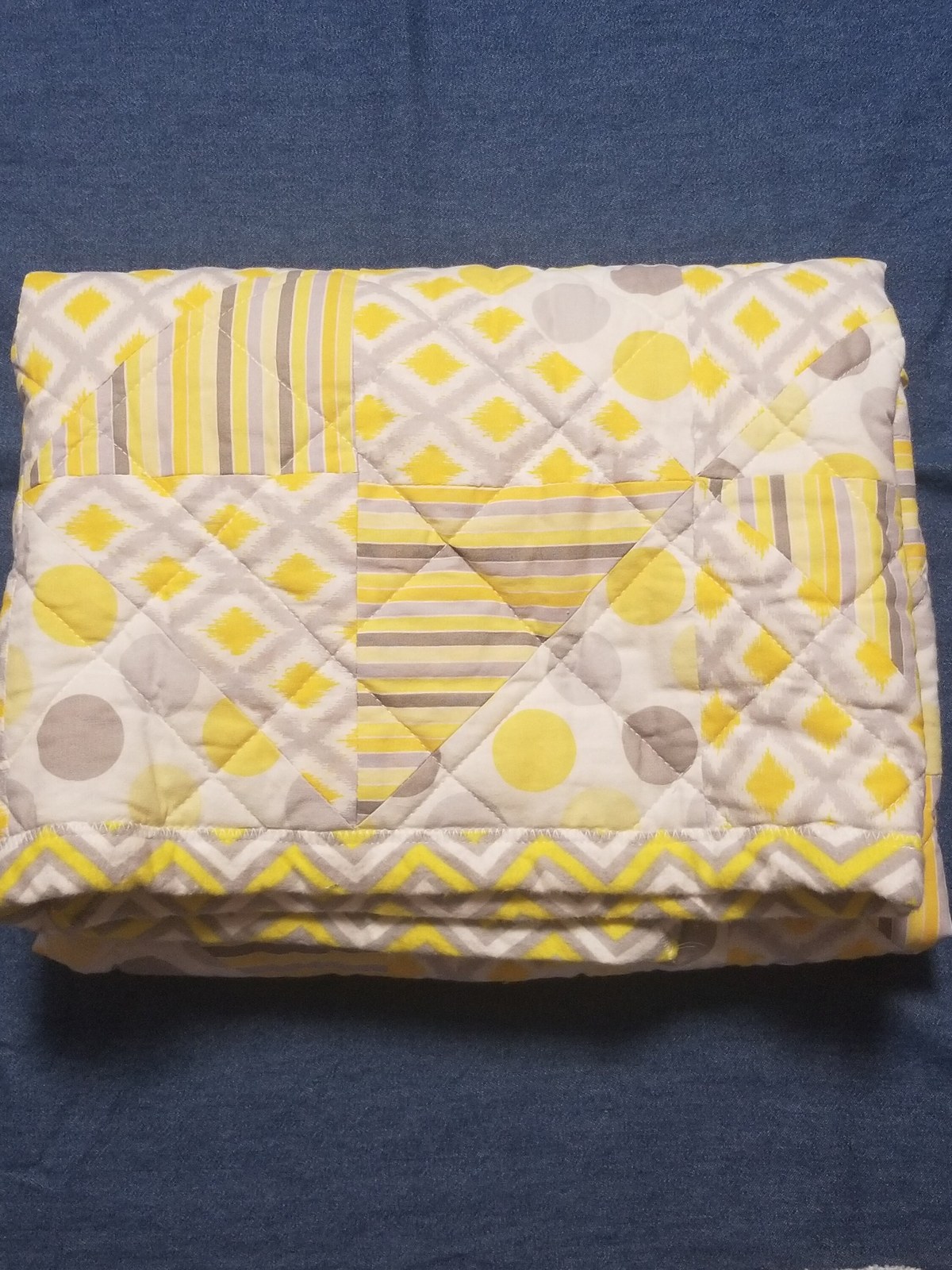 Handmade Yellow Gray White Patchwork Quilt with Chevron Flannel Back, Soft Cotton Nursery Bedding, Cozy Baby Blanket, view 10