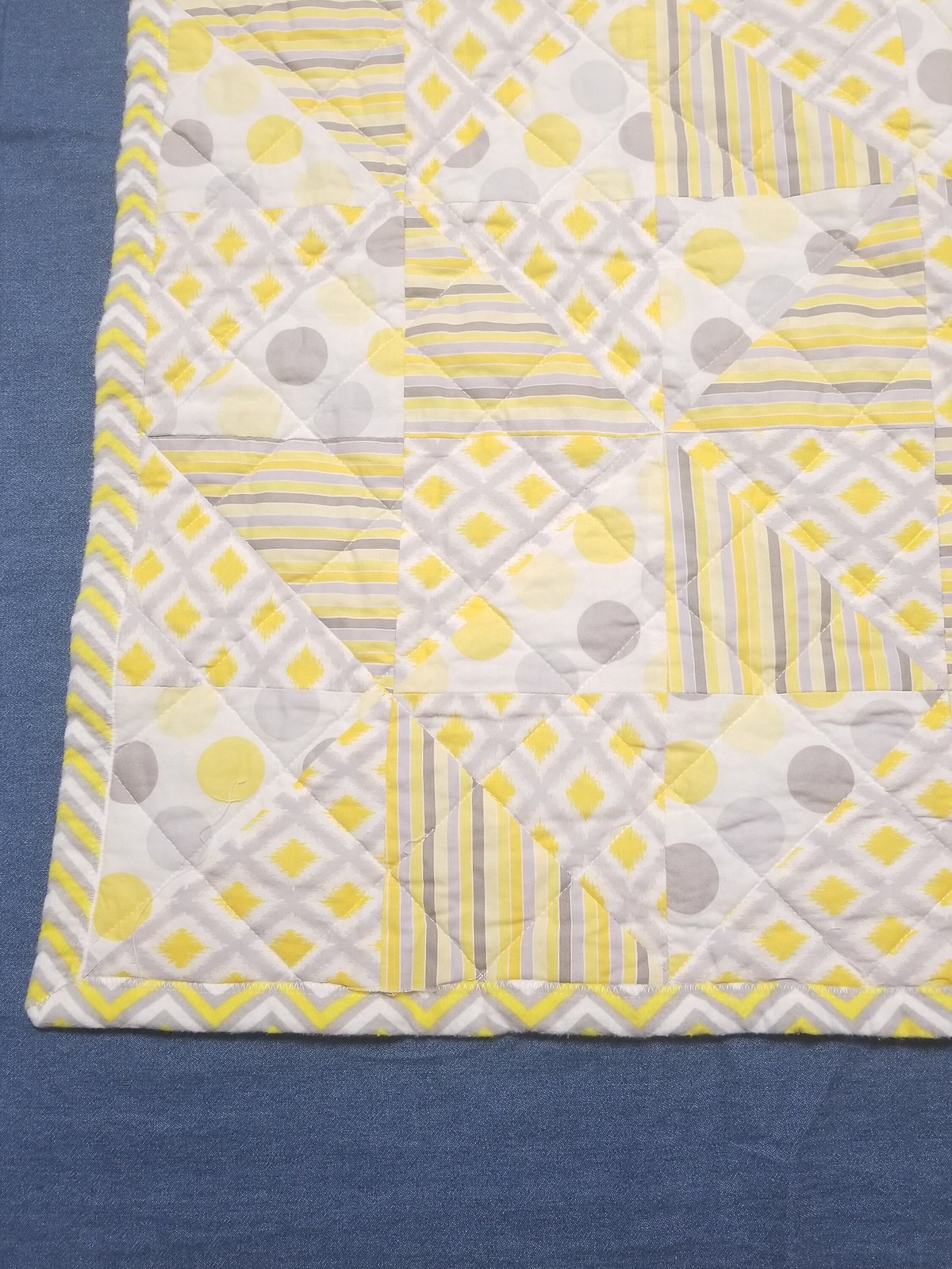 Handmade Yellow Gray White Patchwork Quilt with Chevron Flannel Back, Soft Cotton Nursery Bedding, Cozy Baby Blanket, view 2