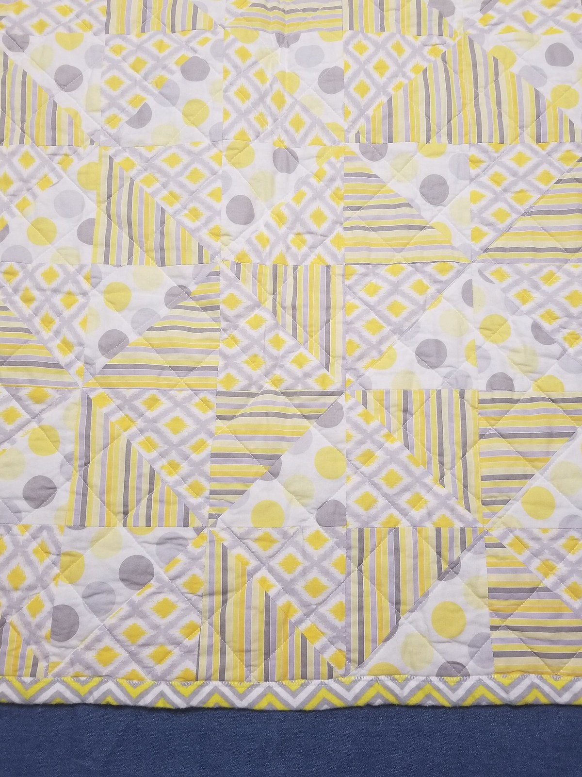 Handmade Yellow Gray White Patchwork Quilt with Chevron Flannel Back, Soft Cotton Nursery Bedding, Cozy Baby Blanket, view 3