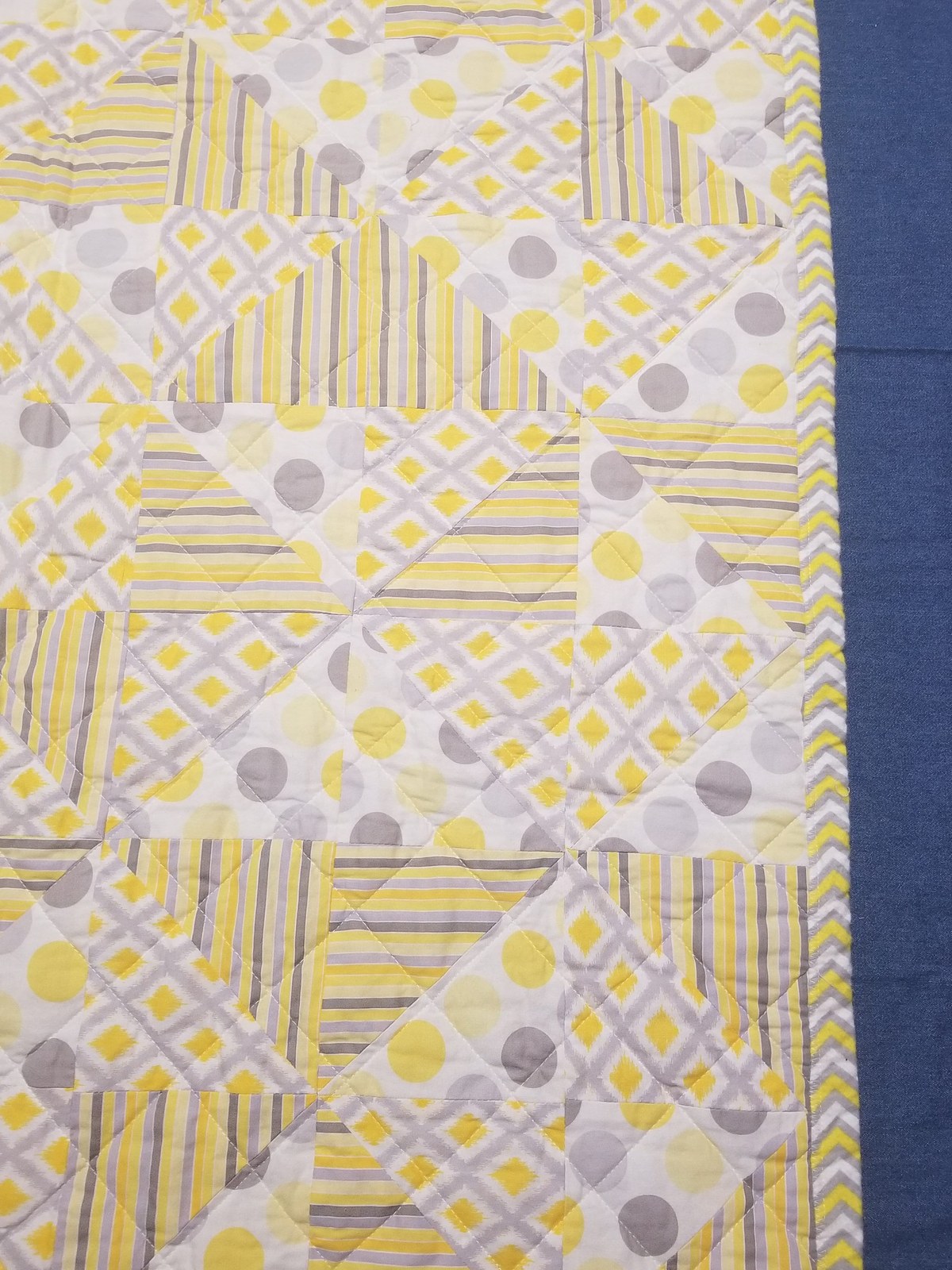 Handmade Yellow Gray White Patchwork Quilt with Chevron Flannel Back, Soft Cotton Nursery Bedding, Cozy Baby Blanket, view 4