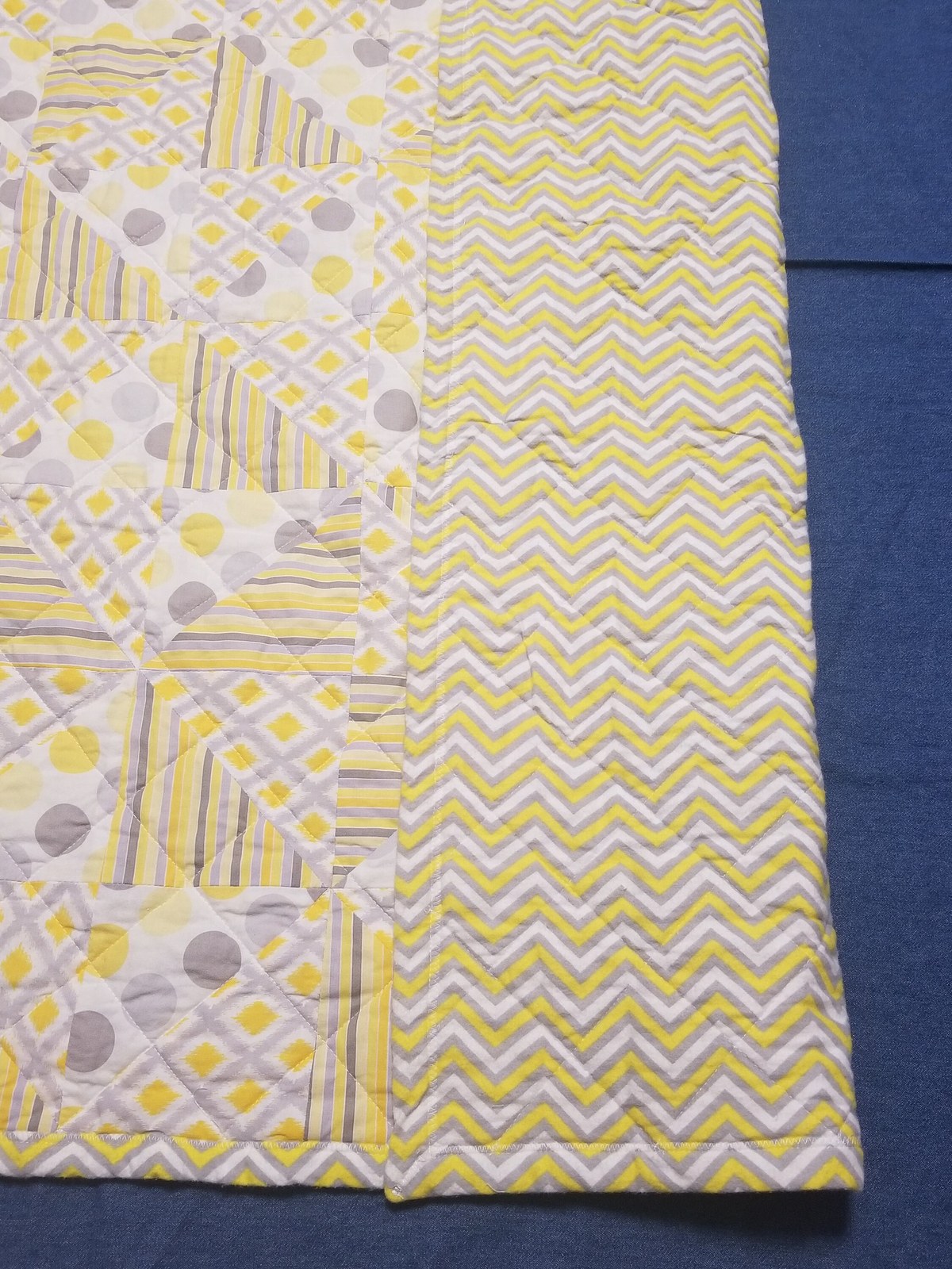 Handmade Yellow Gray White Patchwork Quilt with Chevron Flannel Back, Soft Cotton Nursery Bedding, Cozy Baby Blanket, view 5