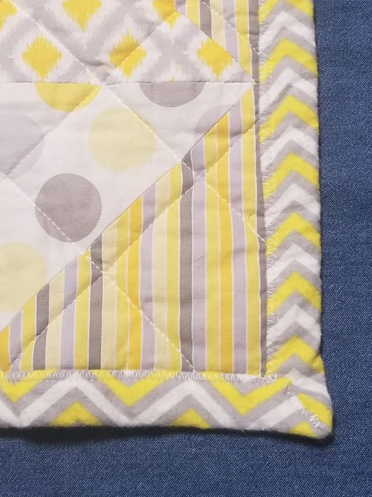 Handmade Yellow Gray White Patchwork Quilt with Chevron Flannel Back, Soft Cotton Nursery Bedding, Cozy Baby Blanket, view 6