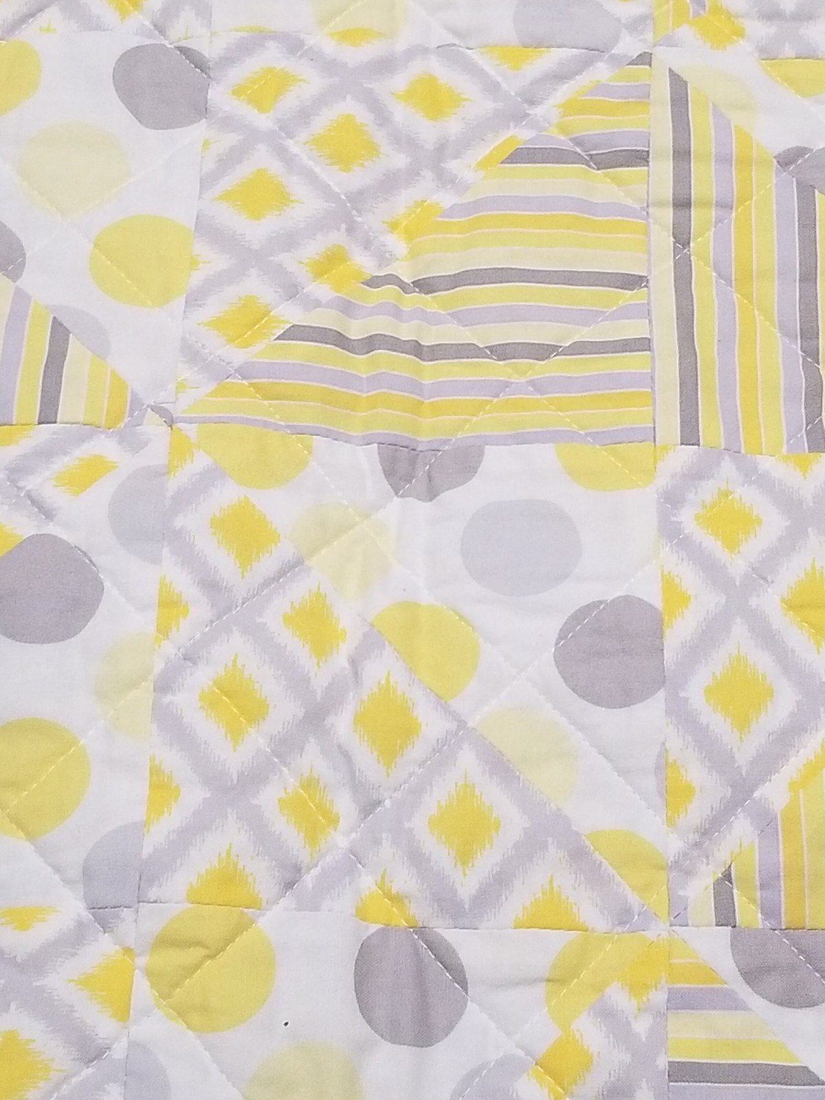 Handmade Yellow Gray White Patchwork Quilt with Chevron Flannel Back, Soft Cotton Nursery Bedding, Cozy Baby Blanket, view 7