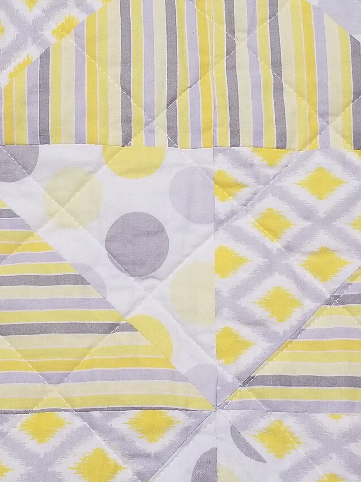 Handmade Yellow Gray White Patchwork Quilt with Chevron Flannel Back, Soft Cotton Nursery Bedding, Cozy Baby Blanket, view 8