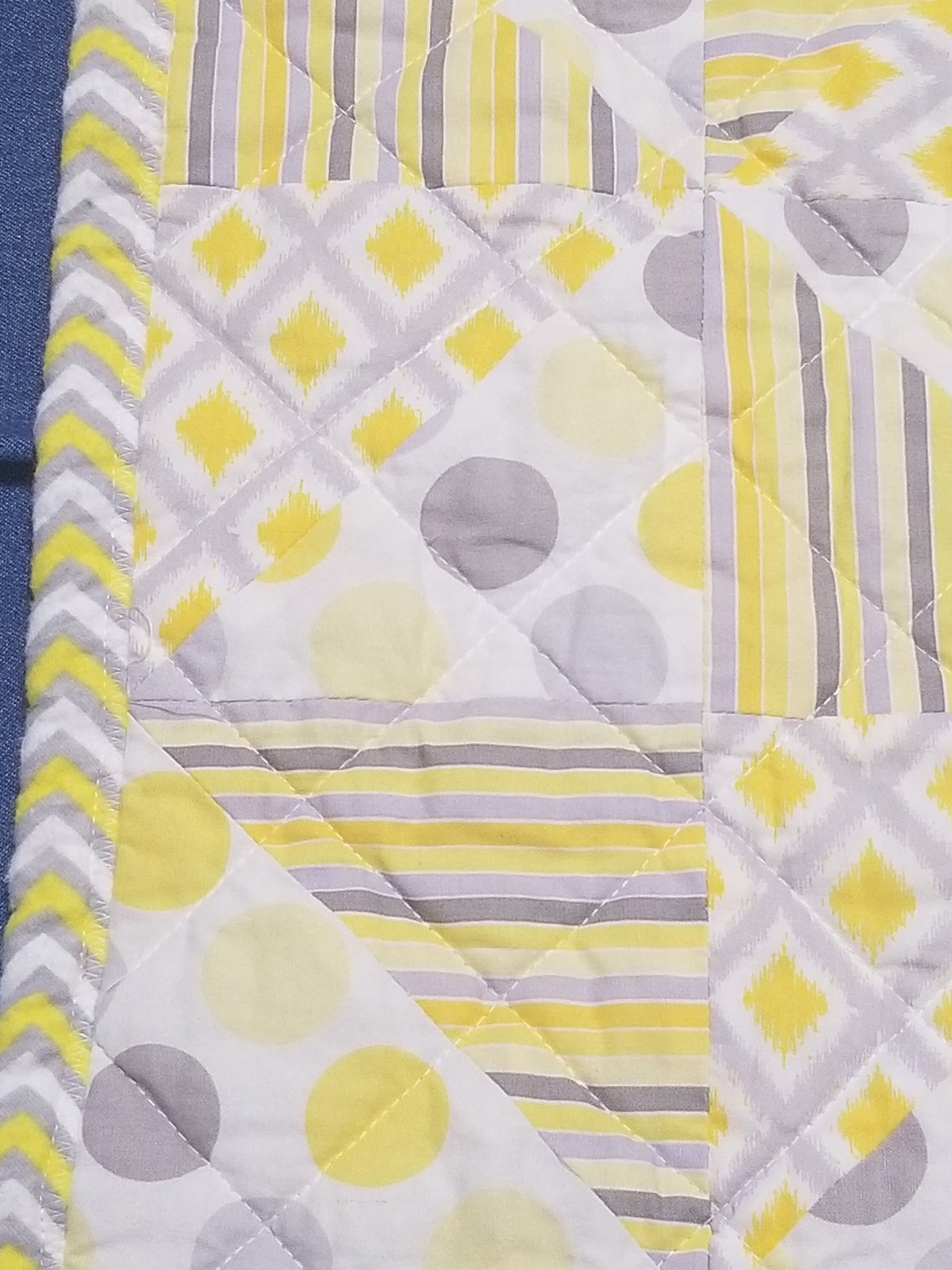 Handmade Yellow Gray White Patchwork Quilt with Chevron Flannel Back, Soft Cotton Nursery Bedding, Cozy Baby Blanket, view 9