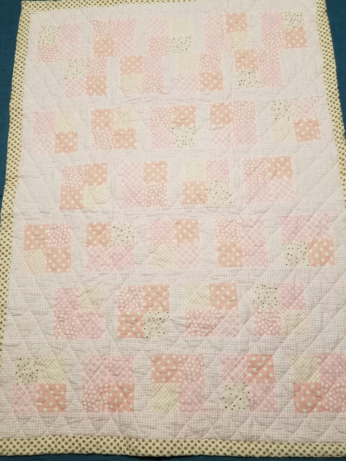 Handmade Pink Gingham Flannel Quilt with Brown Polka Dots, Cozy Patchwork Nursery Blanket, Machine Quilted