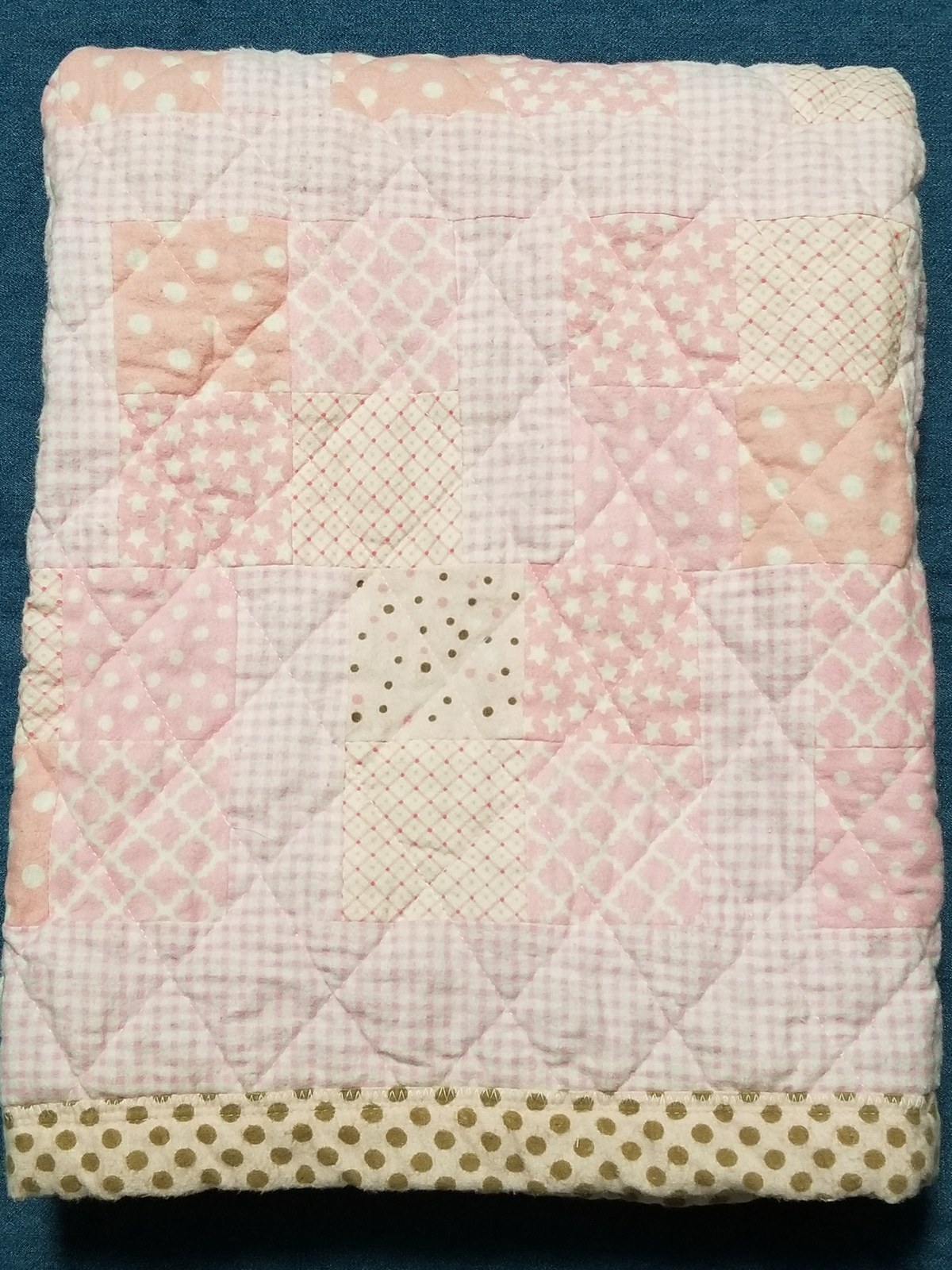 Handmade Pink Gingham Flannel Quilt with Brown Polka Dots, Cozy Patchwork Nursery Blanket, Machine Quilted, view 10