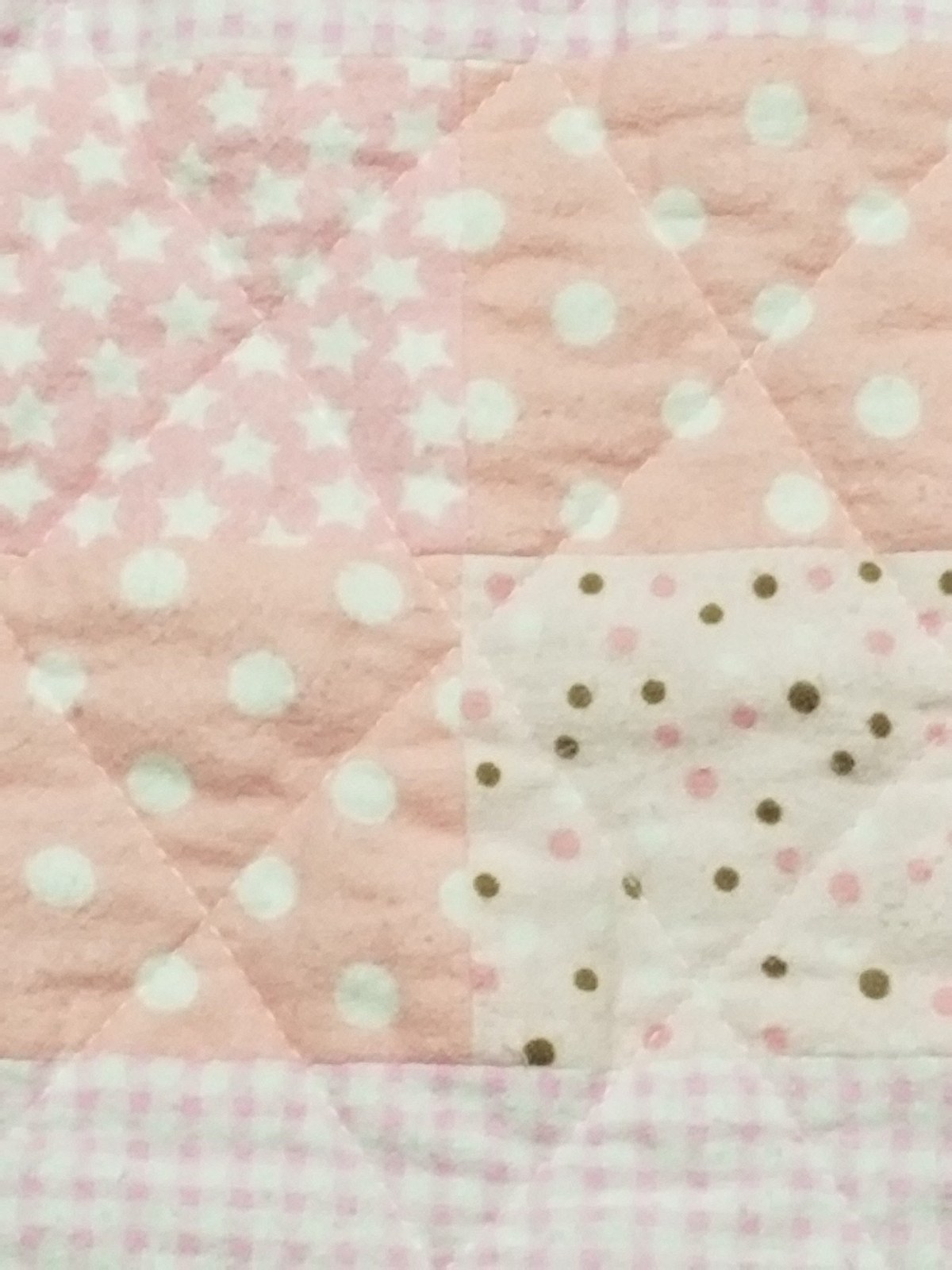 Handmade Pink Gingham Flannel Quilt with Brown Polka Dots, Cozy Patchwork Nursery Blanket, Machine Quilted, view 2