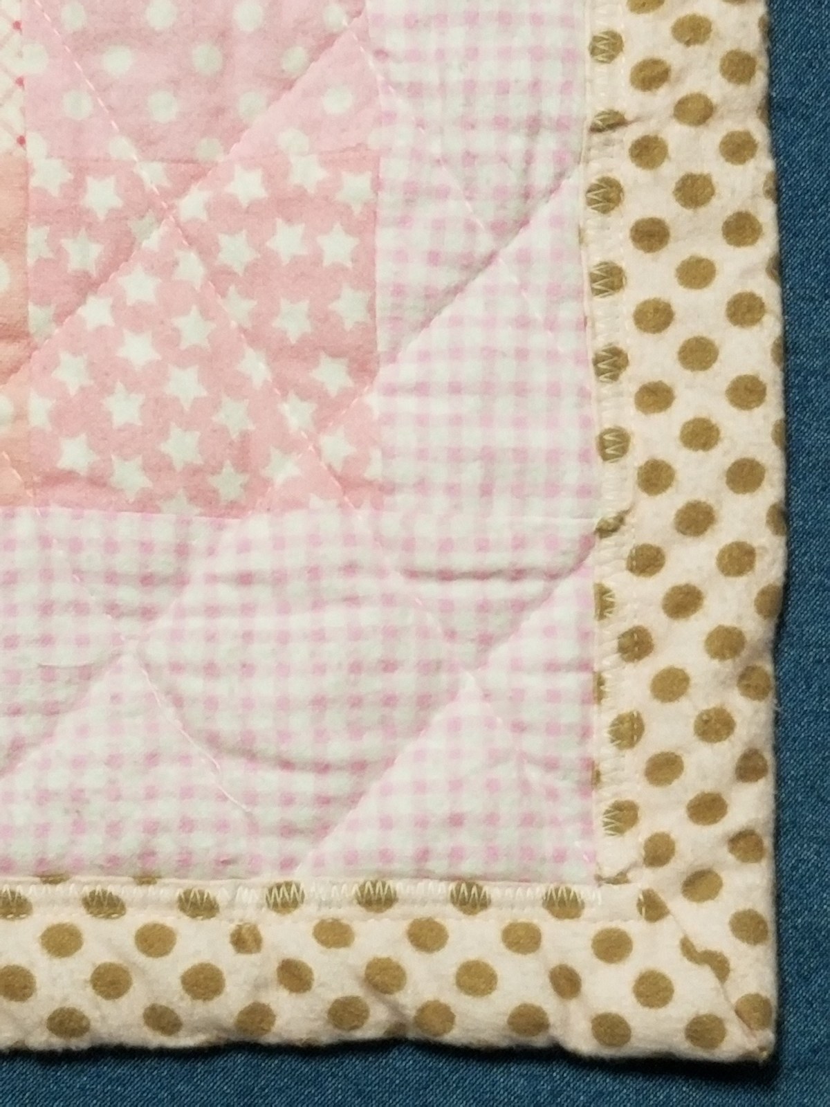 Handmade Pink Gingham Flannel Quilt with Brown Polka Dots, Cozy Patchwork Nursery Blanket, Machine Quilted, view 4