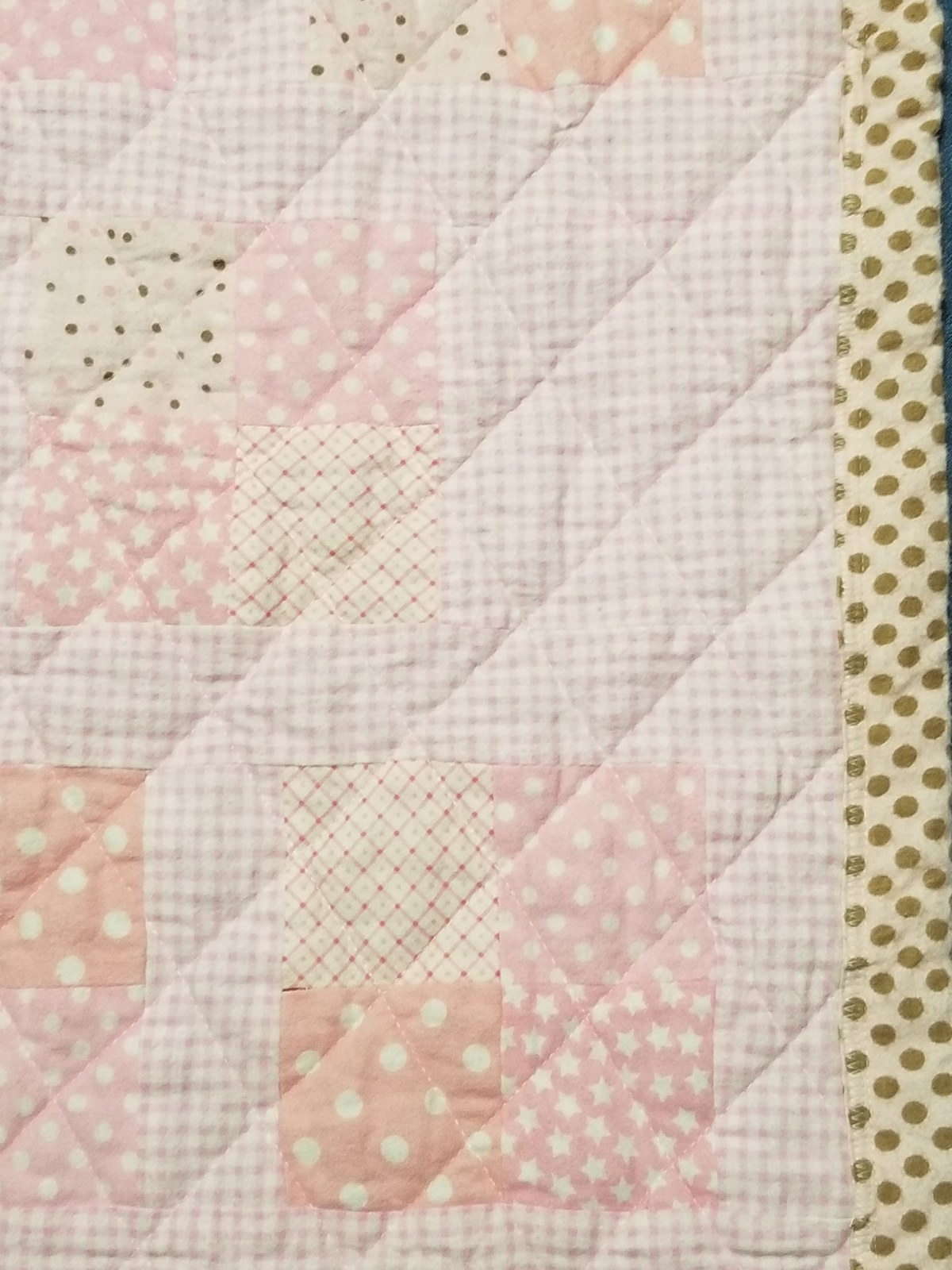 Handmade Pink Gingham Flannel Quilt with Brown Polka Dots, Cozy Patchwork Nursery Blanket, Machine Quilted, view 5