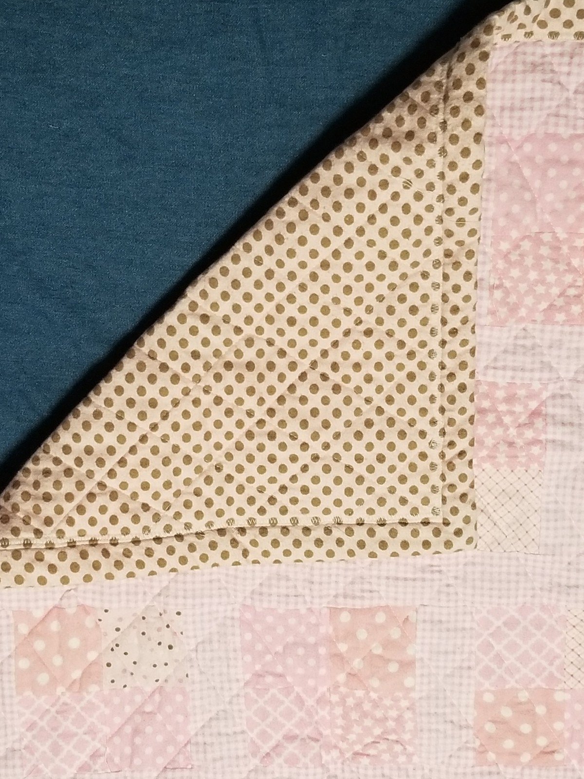 Handmade Pink Gingham Flannel Quilt with Brown Polka Dots, Cozy Patchwork Nursery Blanket, Machine Quilted, view 8
