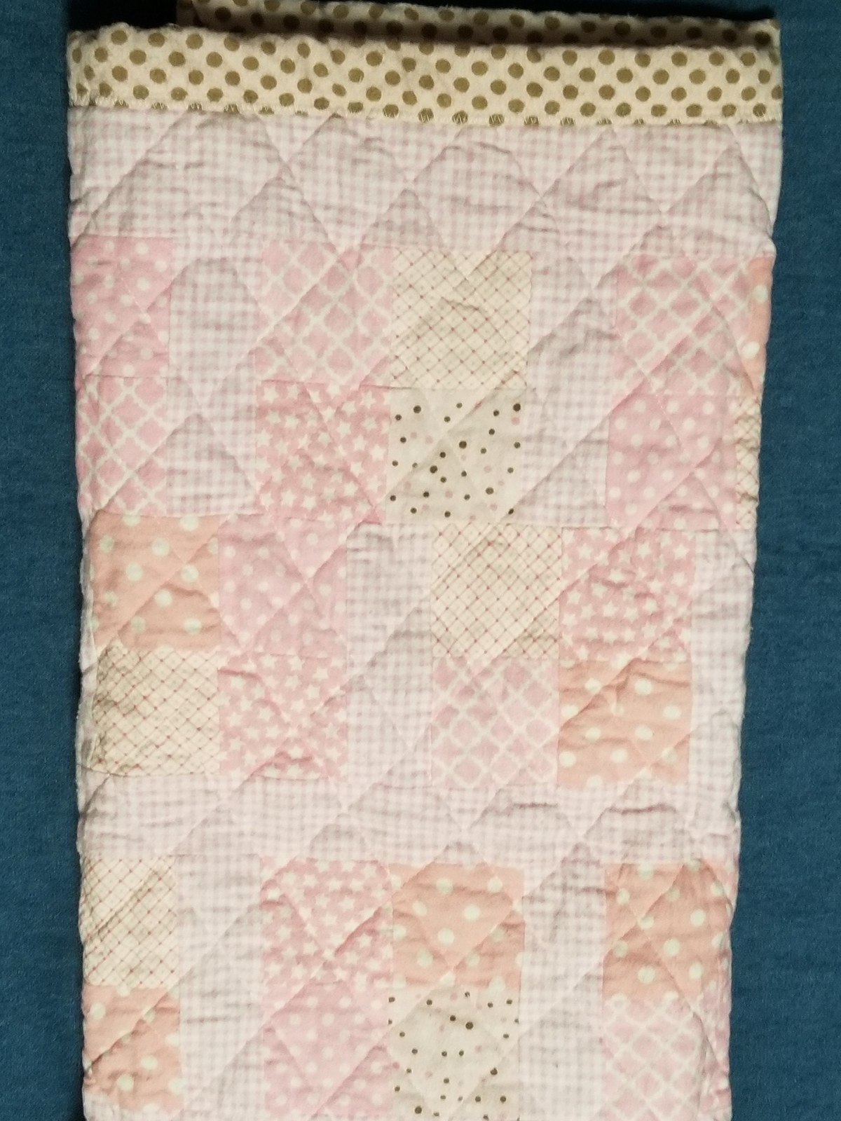 Handmade Pink Gingham Flannel Quilt with Brown Polka Dots, Cozy Patchwork Nursery Blanket, Machine Quilted, view 9