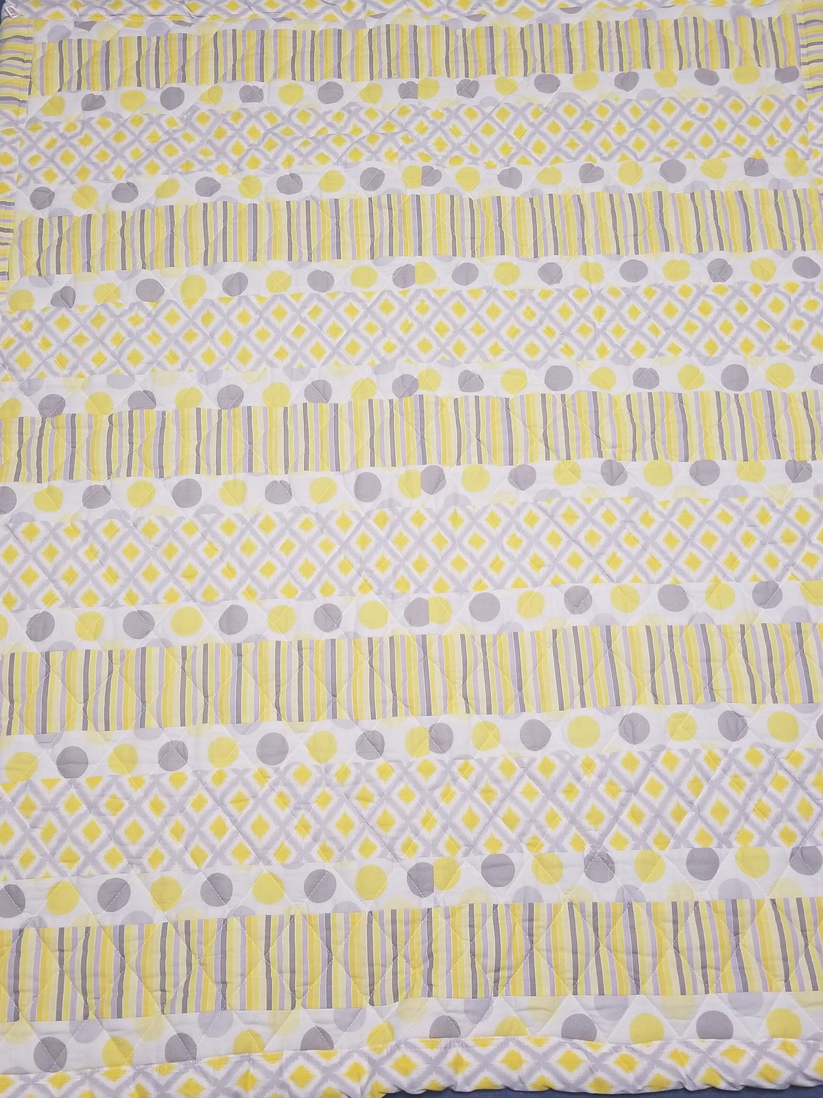Handmade Yellow Gray White Cotton Quilt Play Mat Nursery Blanket Cozy Modern Striped Polka Dot