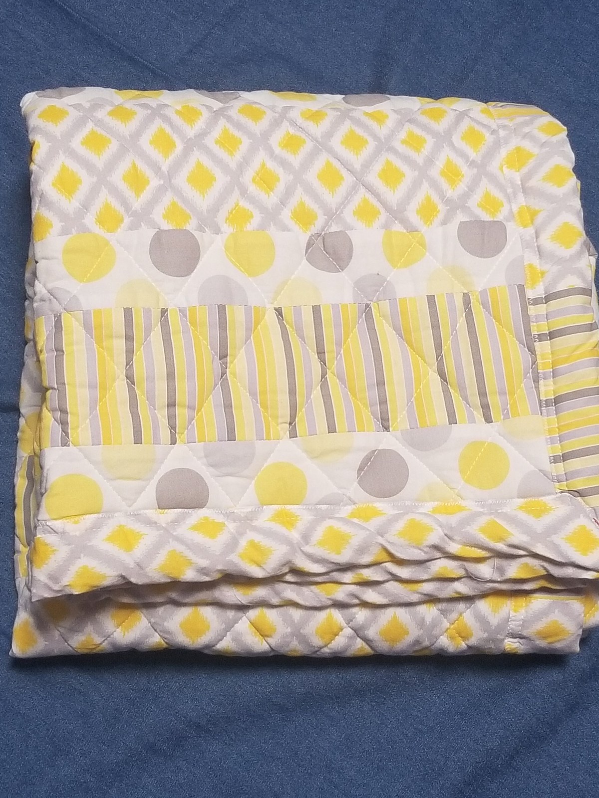 Handmade Yellow Gray White Cotton Quilt Play Mat Nursery Blanket Cozy Modern Striped Polka Dot, view 10