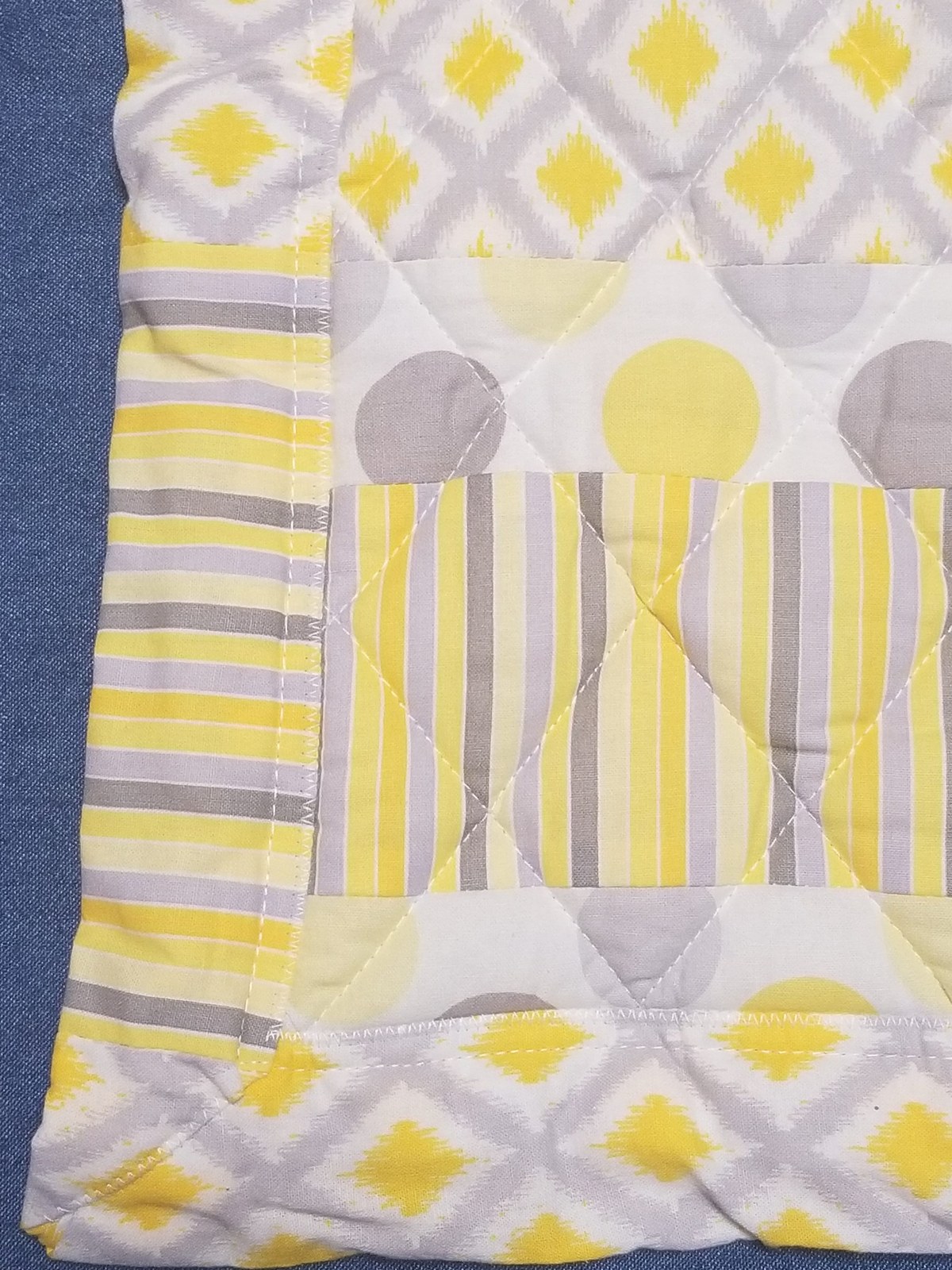 Handmade Yellow Gray White Cotton Quilt Play Mat Nursery Blanket Cozy Modern Striped Polka Dot, view 2