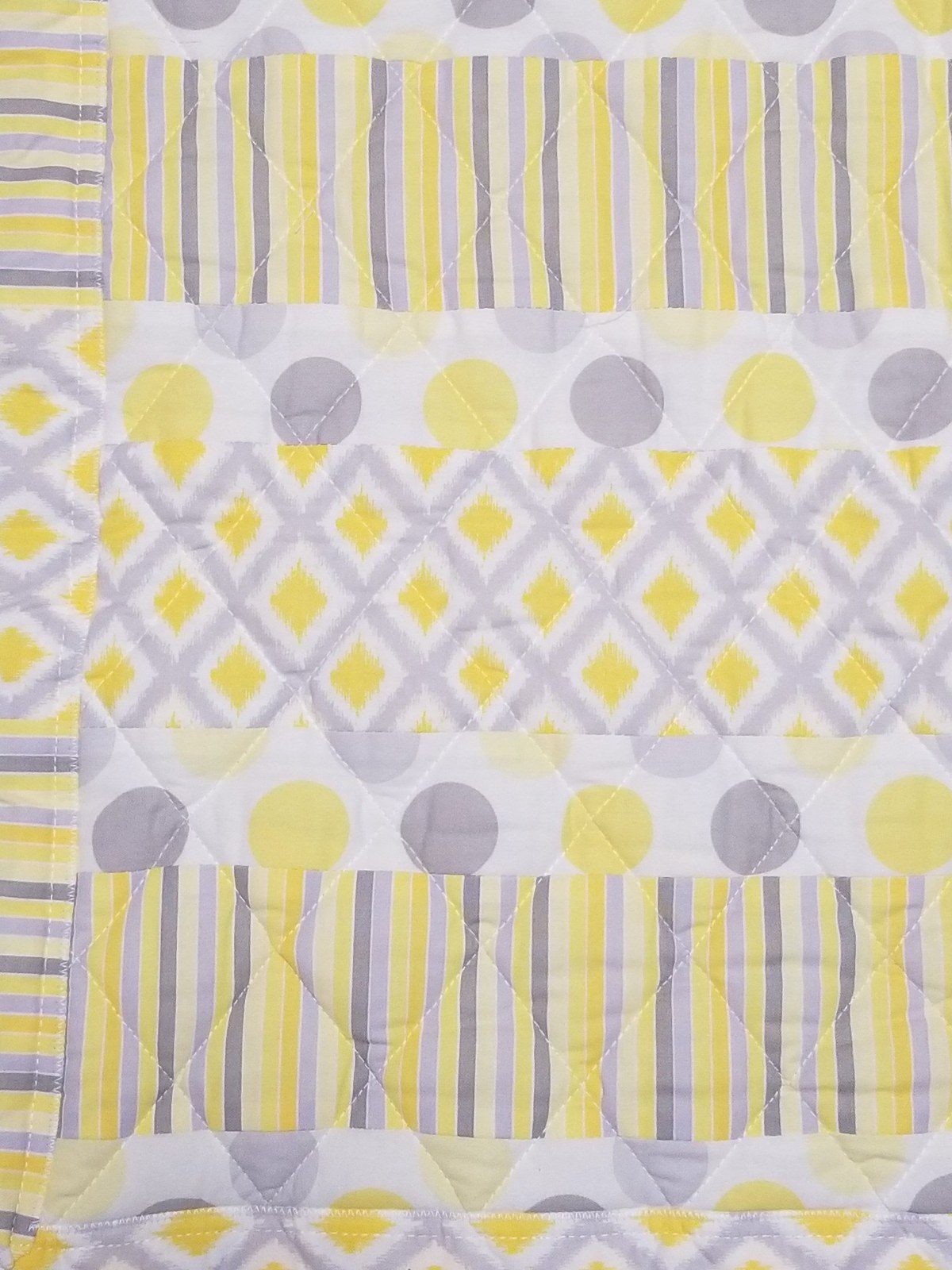 Handmade Yellow Gray White Cotton Quilt Play Mat Nursery Blanket Cozy Modern Striped Polka Dot, view 3