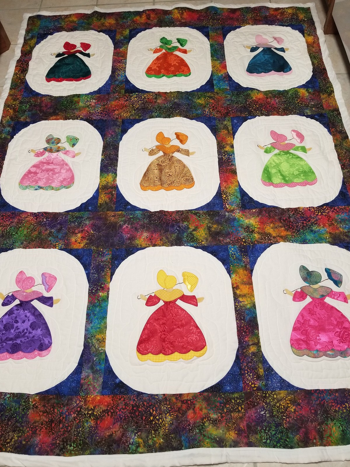 Southern Belle Appliqued Twin Quilt, Handmade Brocade Sunbonnet Sue Design