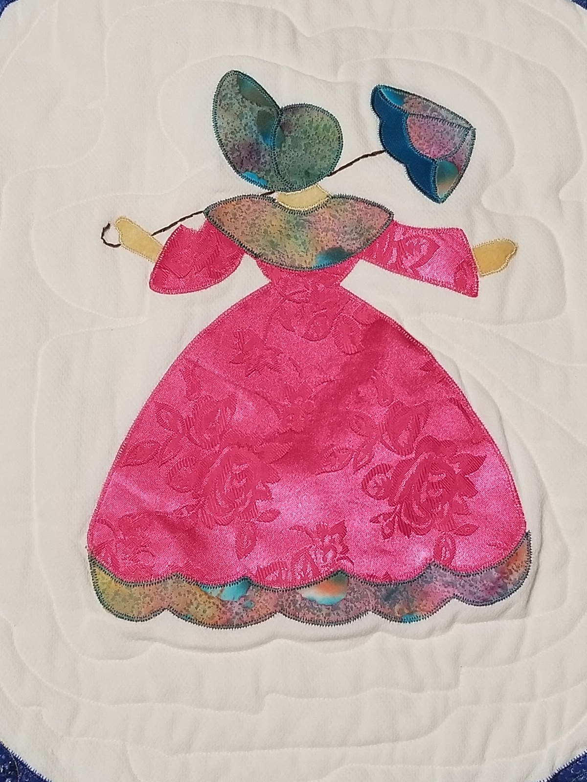 Southern Belle Appliqued Twin Quilt, Handmade Brocade Sunbonnet Sue Design, view 10