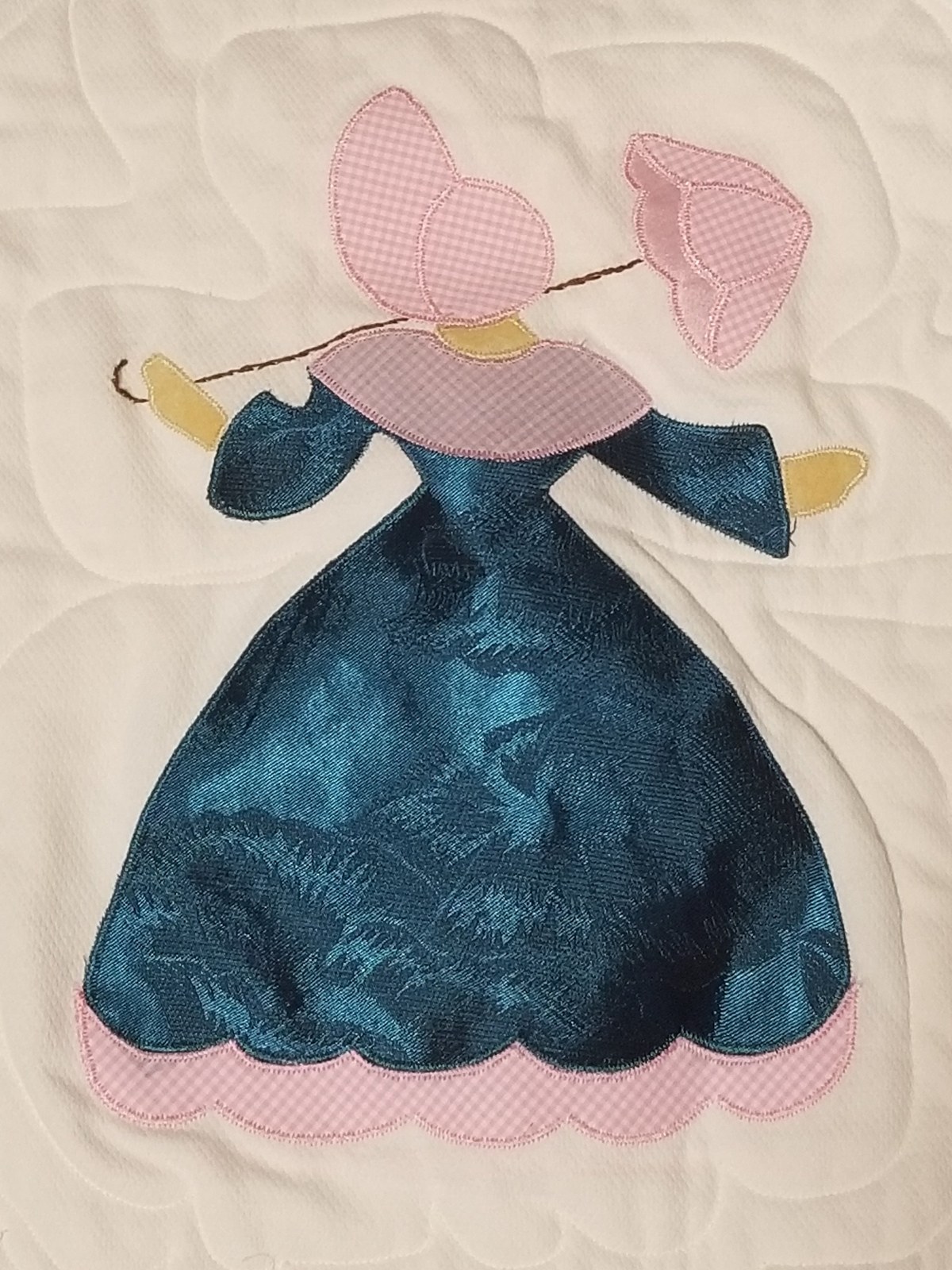Southern Belle Appliqued Twin Quilt, Handmade Brocade Sunbonnet Sue Design, view 2