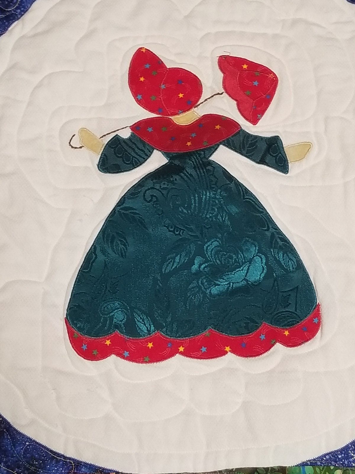 Southern Belle Appliqued Twin Quilt, Handmade Brocade Sunbonnet Sue Design, view 4