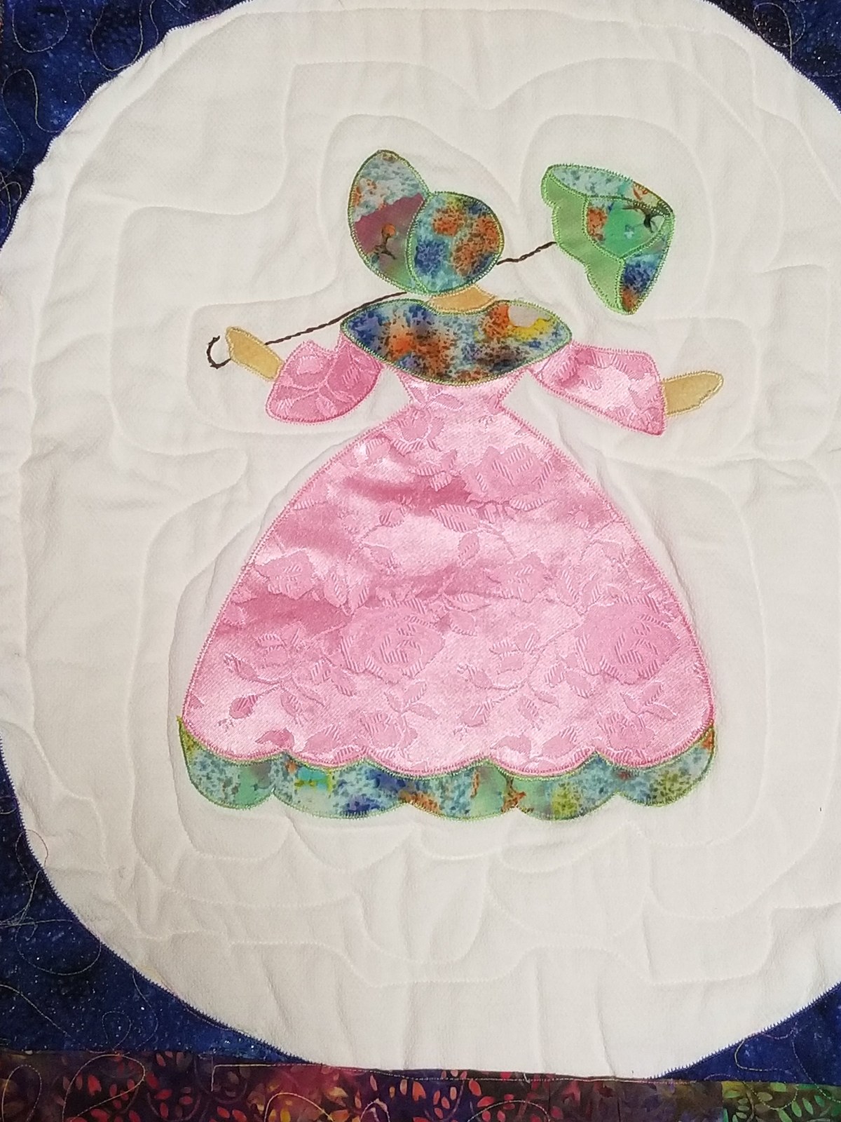 Southern Belle Appliqued Twin Quilt, Handmade Brocade Sunbonnet Sue Design, view 5