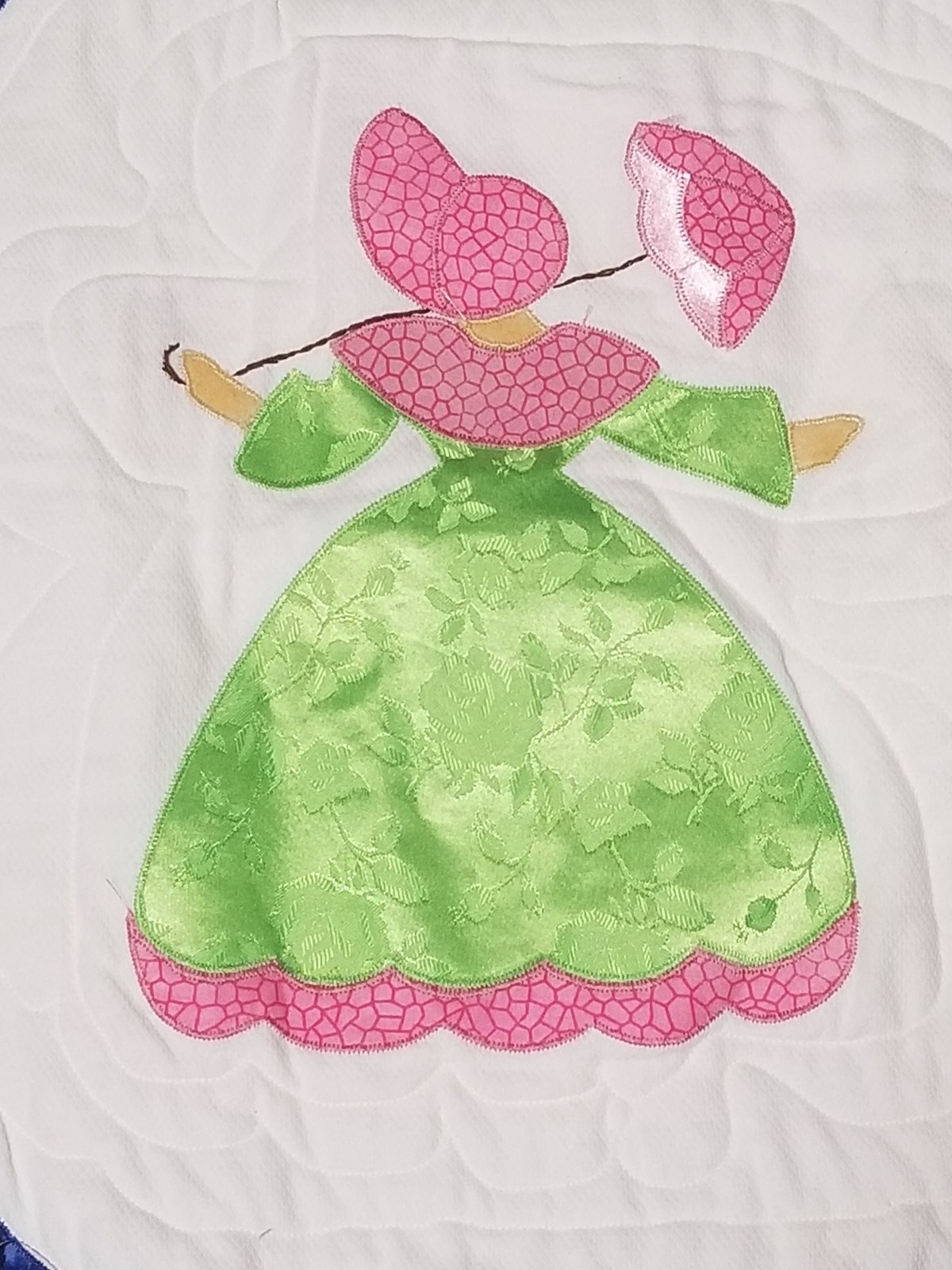 Southern Belle Appliqued Twin Quilt, Handmade Brocade Sunbonnet Sue Design, view 7
