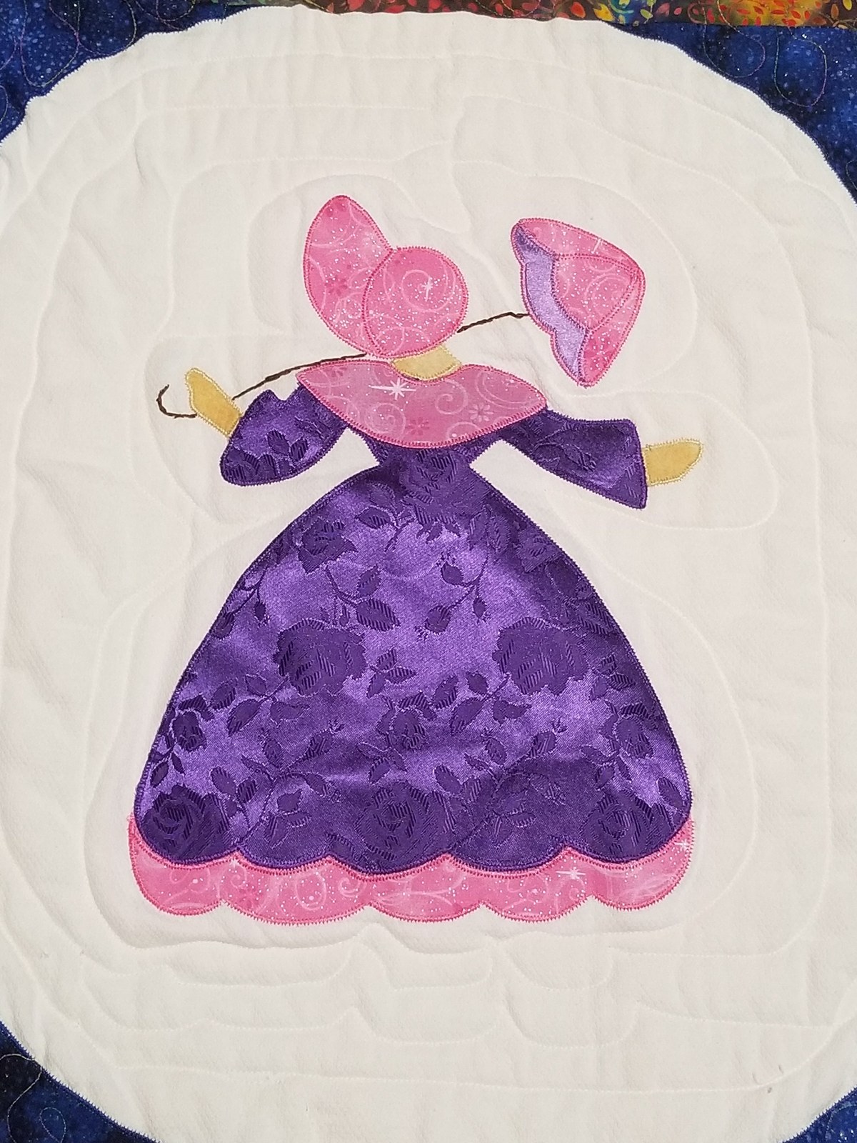 Southern Belle Appliqued Twin Quilt, Handmade Brocade Sunbonnet Sue Design, view 8