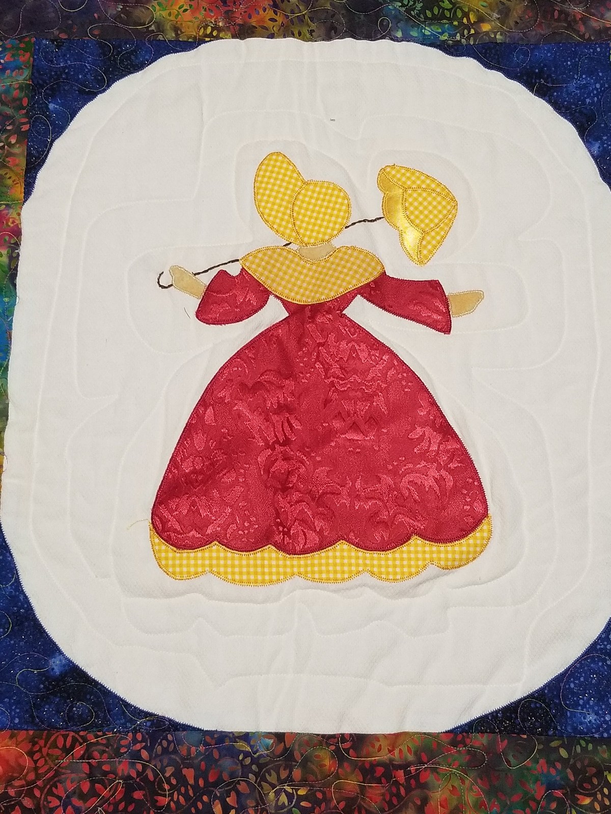 Southern Belle Appliqued Twin Quilt, Handmade Brocade Sunbonnet Sue Design, view 9