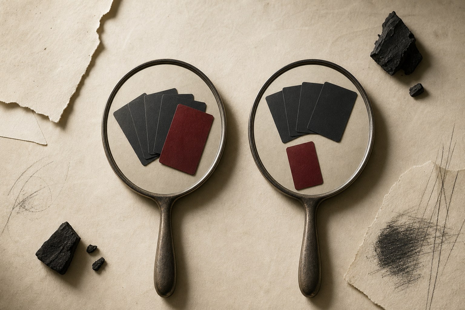 Two hand mirrors reflecting different arrangements of dark and oxblood cards on a paper-covered surface.