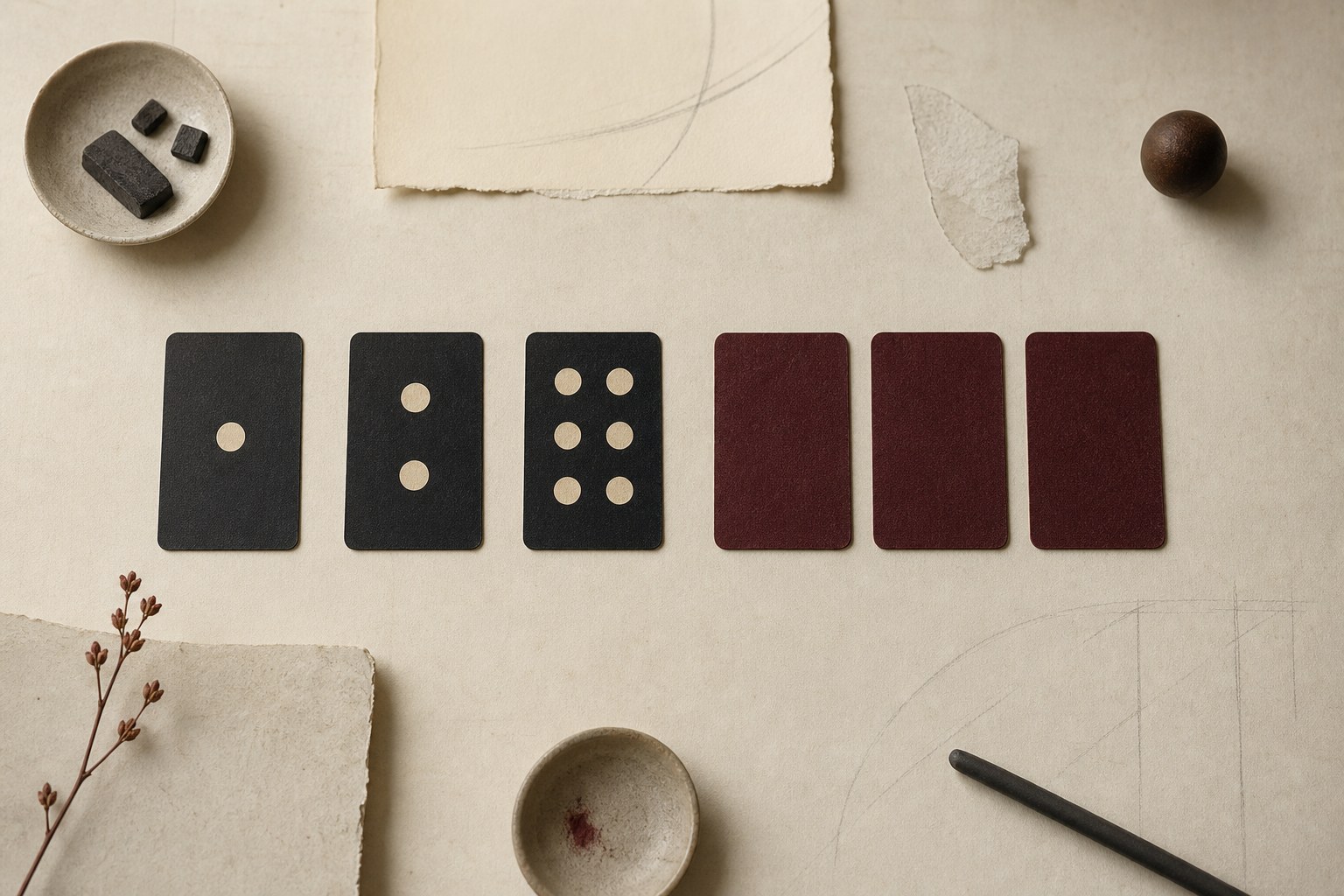 A sequence of dark cards and face-down red cards arranged on a paper-covered desk.