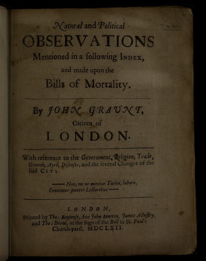 Title page of John Graunt’s 1662 Natural and Political Observations upon the Bills of Mortality.