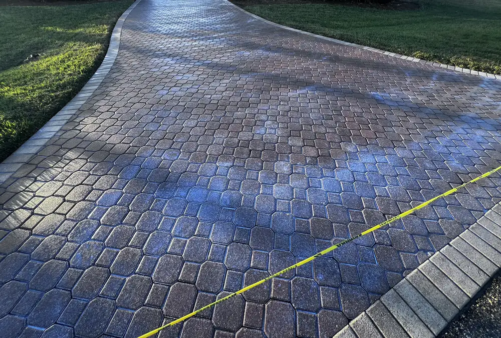 Long curved red and tan paver driveway with a glossy wet-look sealer finish, taped off while it cures, in Punta Gorda, FL