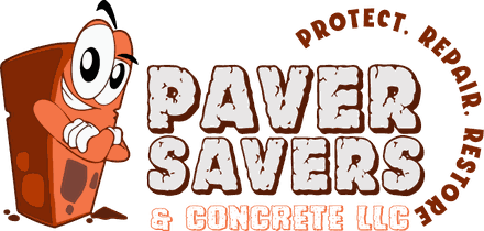 Paver Savers and Concrete LLC logo with orange paver character and service motto