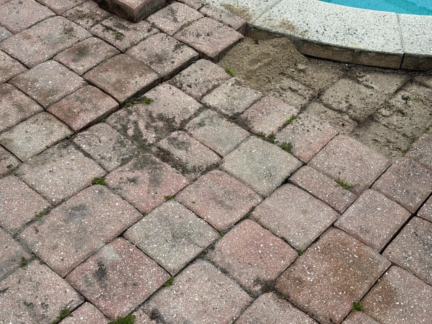 Close view of cracked and displaced pavers beside curved pool coping