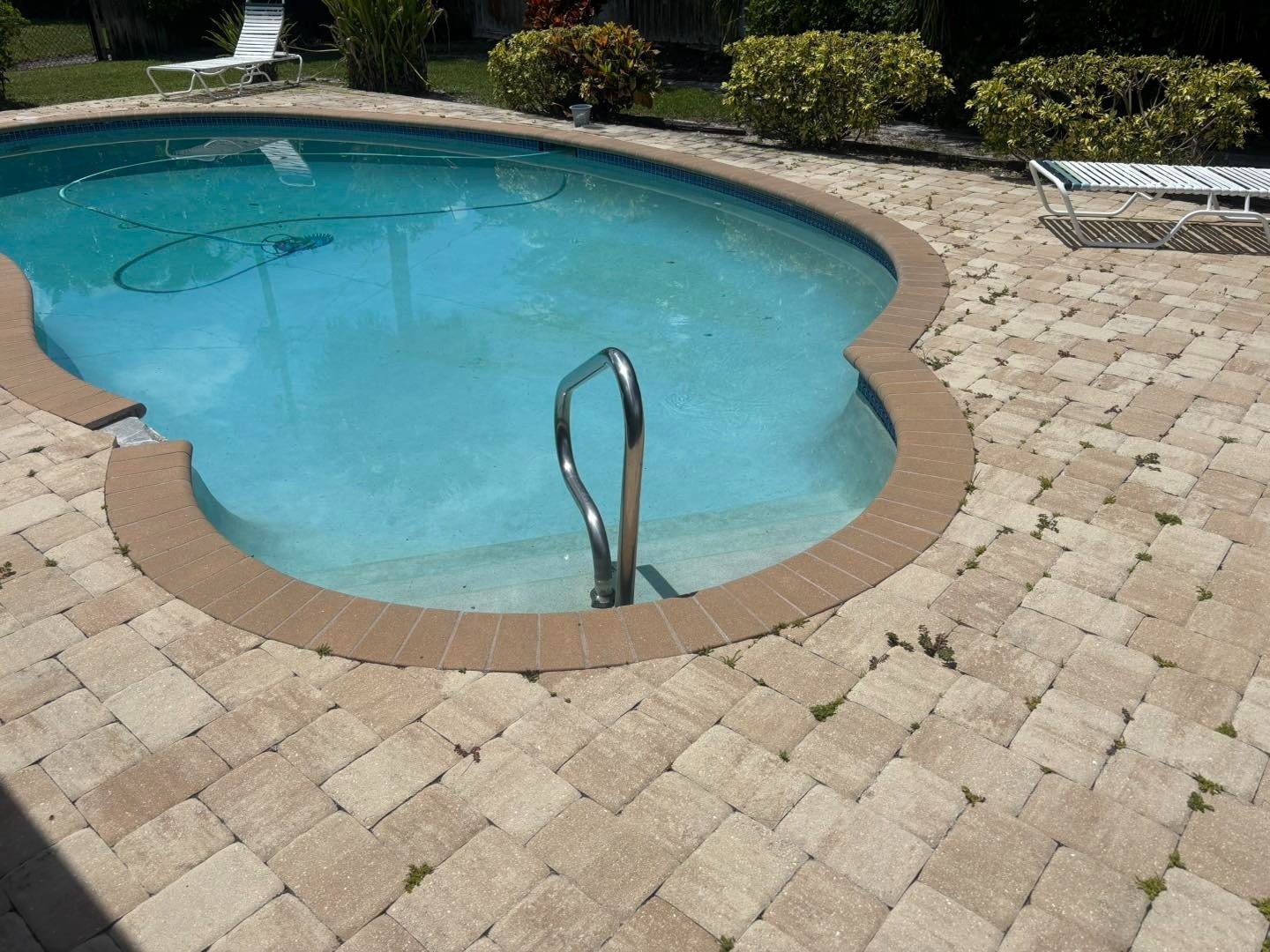 Curved swimming pool with pale paver deck and a metal entry handrail