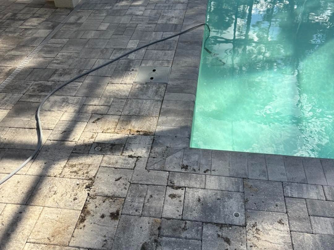 Gray poolside pavers with dark patches and a hose